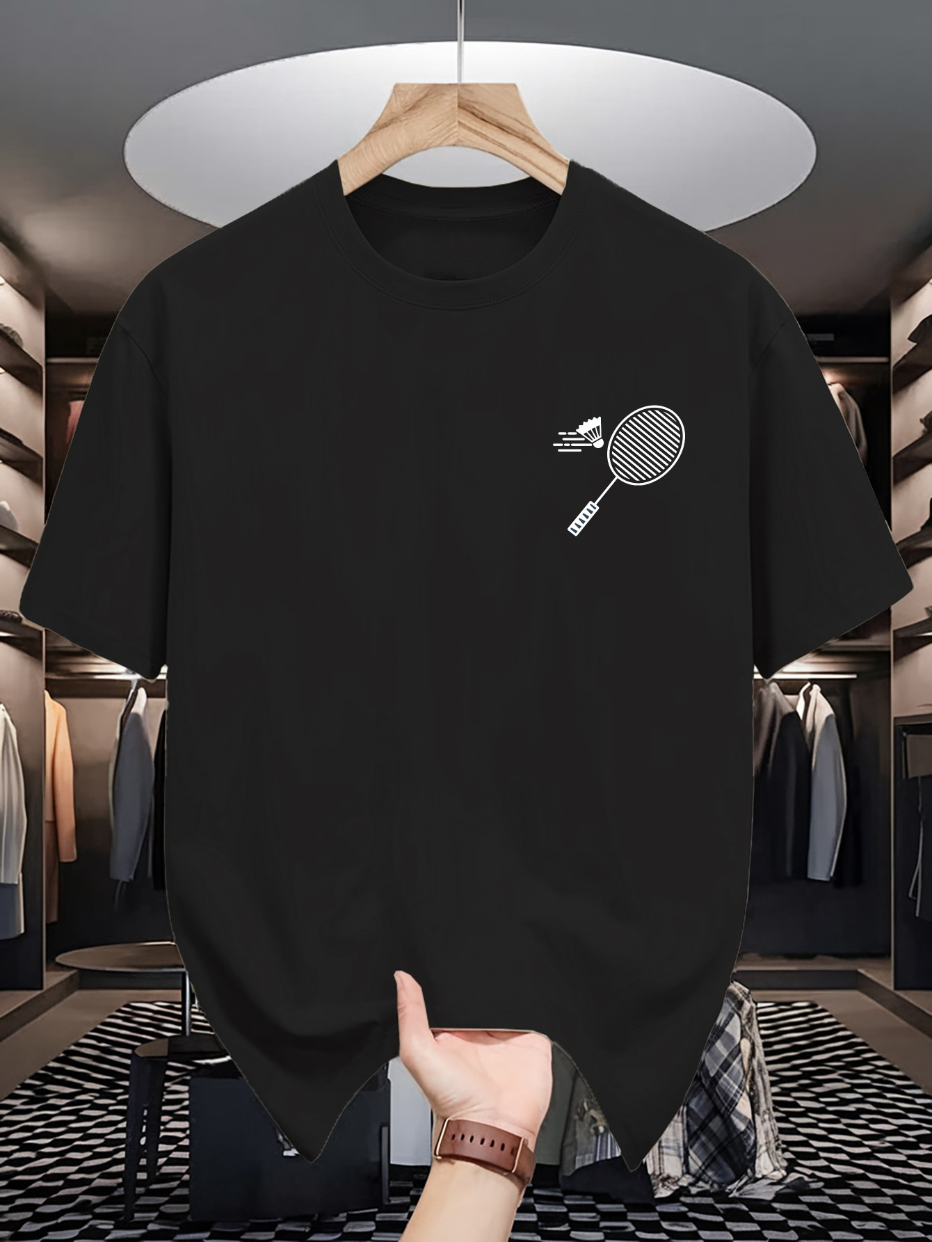 Mens Crew Neck T Shirt Minimal - Badminton Emoji review and price